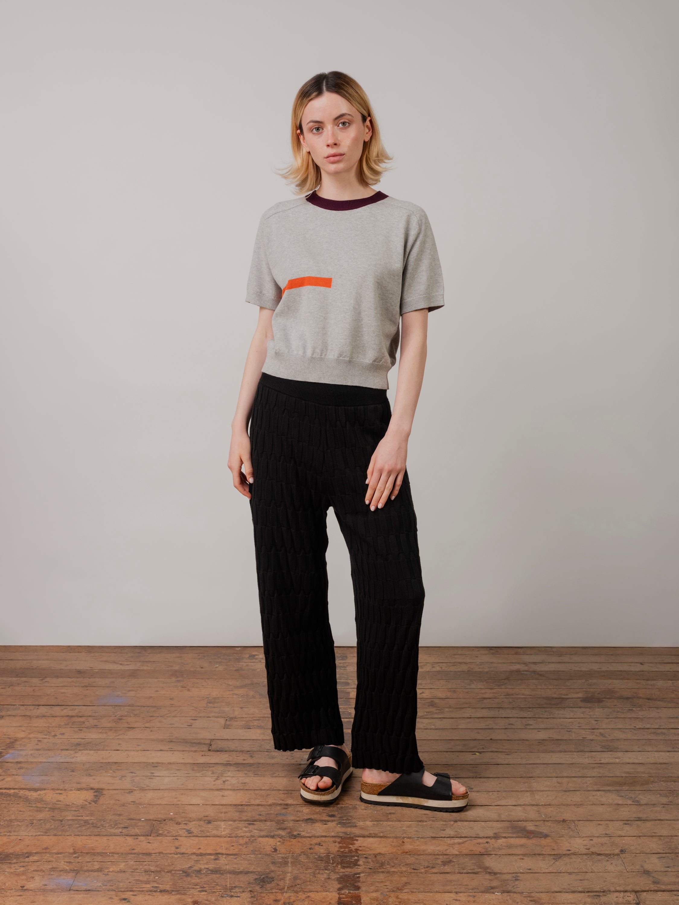 Grid Stitch Knit Wide Leg Pant - Coal