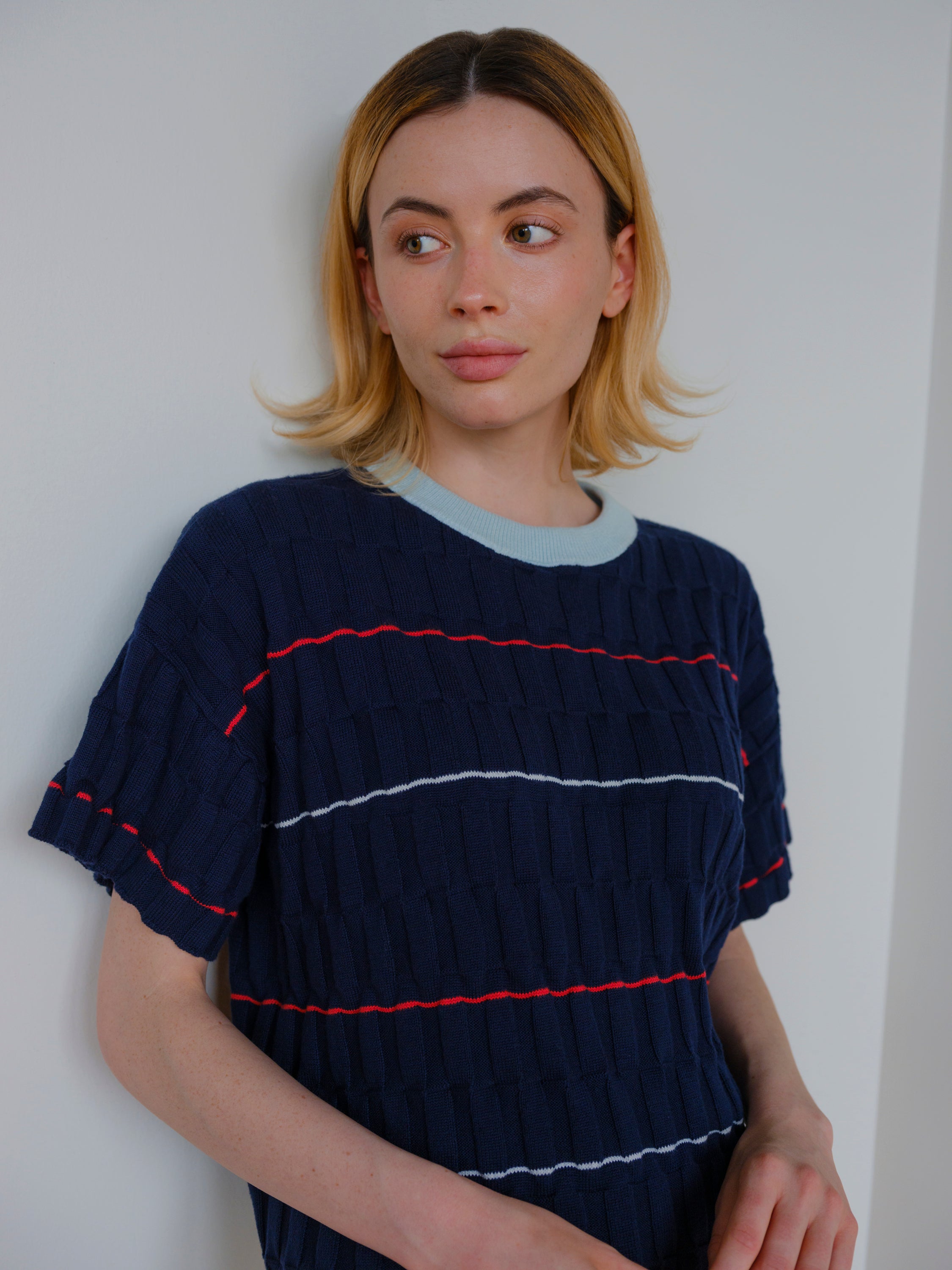 Wiggle Stripe Knit Grid Tee - Scilla