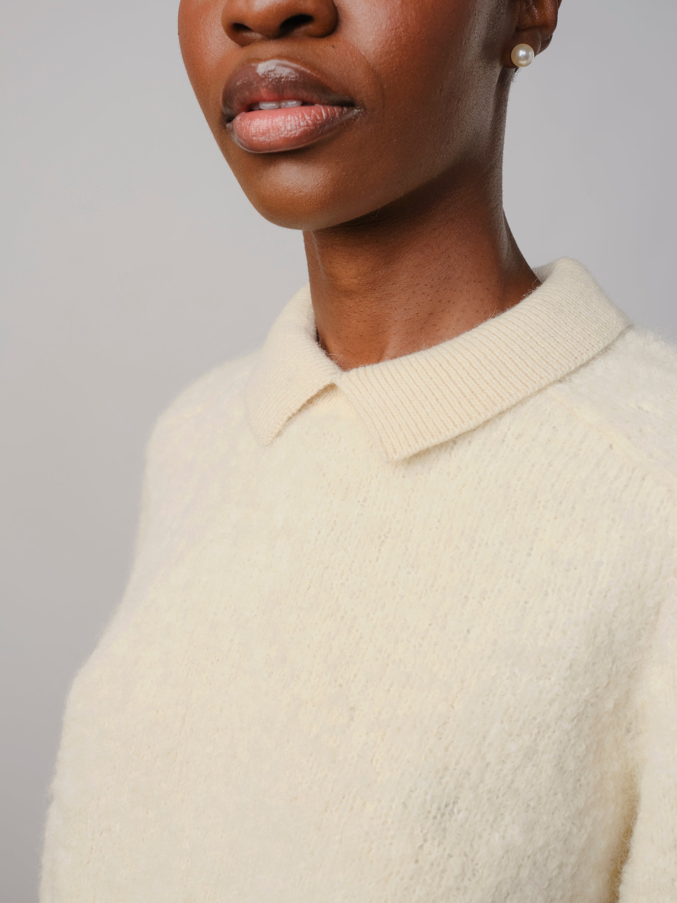 Bouclé Collared Long Sleeve Ruben Tee - Calcite