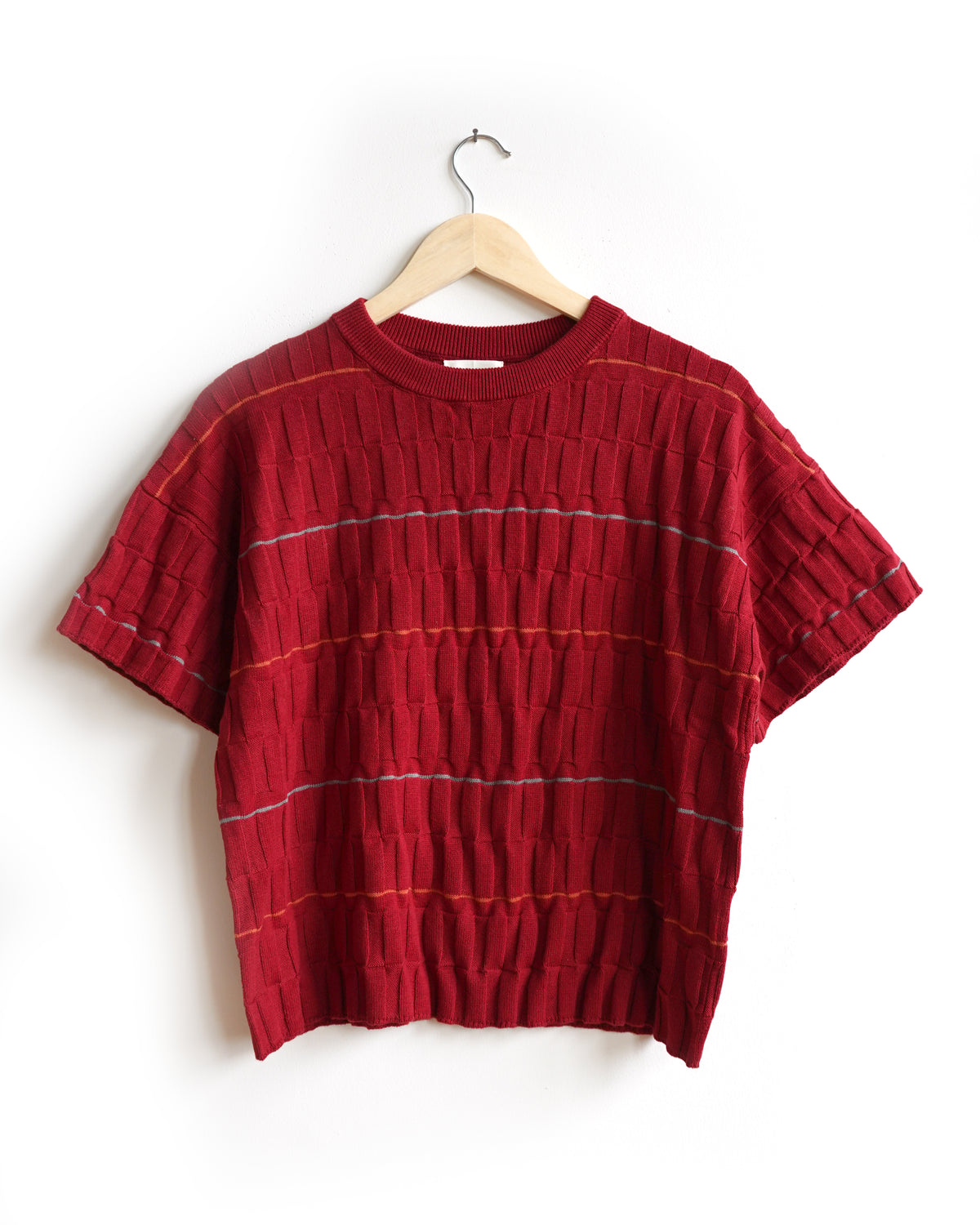 The Endery Wiggle Stripe Knit Grid Tee, Currant — red cotton tee