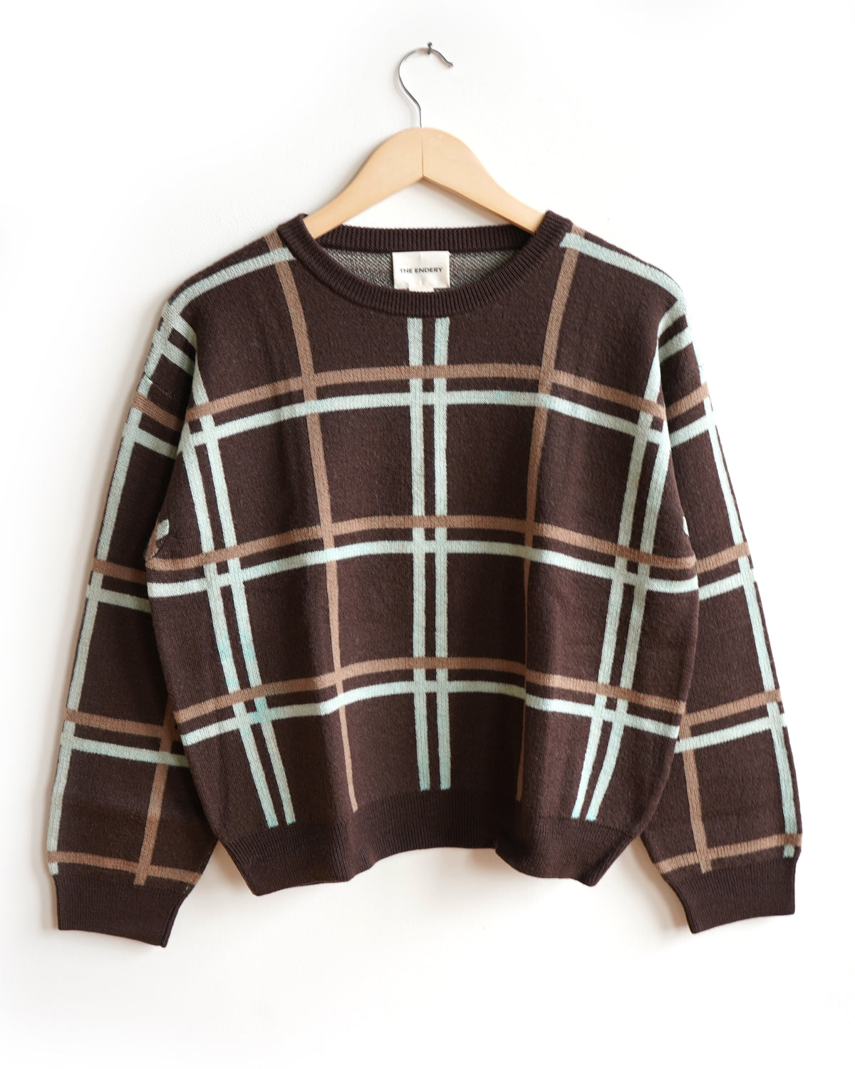 The Endery Marlow Plaid Sweater, Anise — brown merino wool sweater