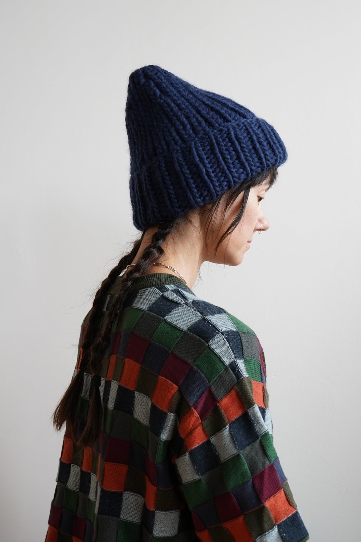 The Workwear hand-knit merino wool beanie in Blueprint — product view